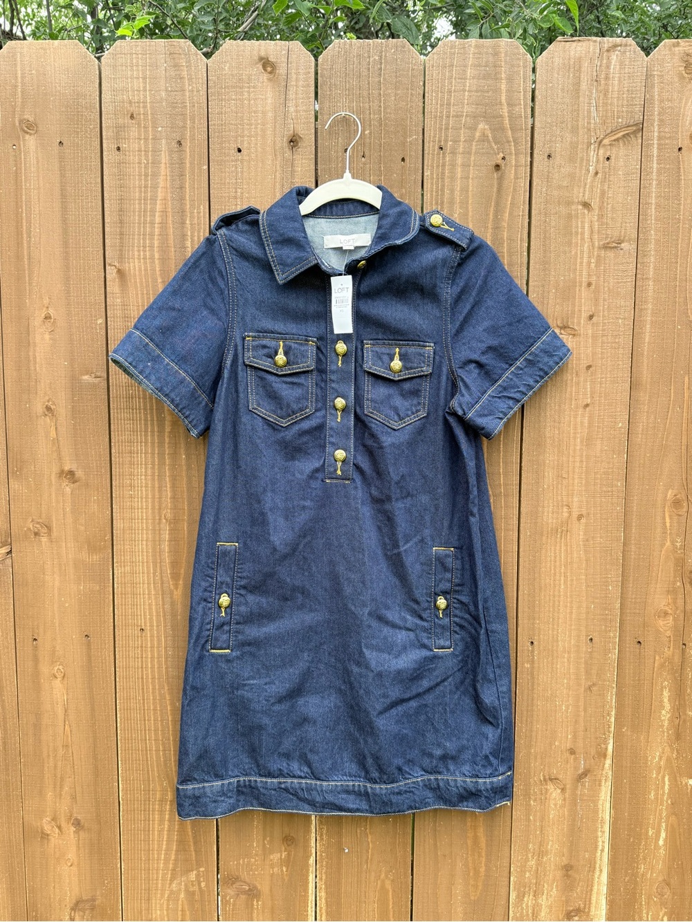 LOFT Dark Blue Denim Shirt Dress with Gold Buttons